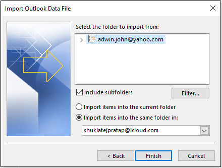 Choose destination Outlook profile