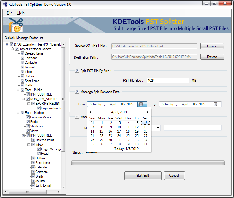 Message Filtering Option for Split PST File