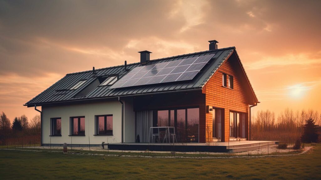 Modern eco-friendly house at sunset, featuring a large array of solar panels on the roof, a sleek design, and surrounded by a green landscape. This image illustrates the integration of sustainable technology in residential architecture.