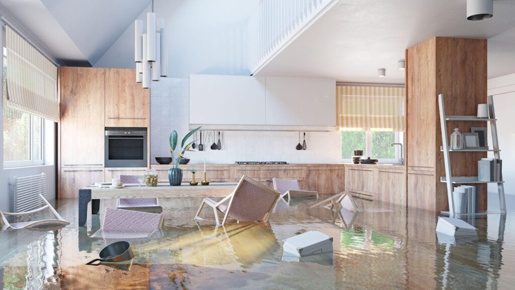 A modern kitchen submerged in floodwater, illustrating the aftermath of a home flood.