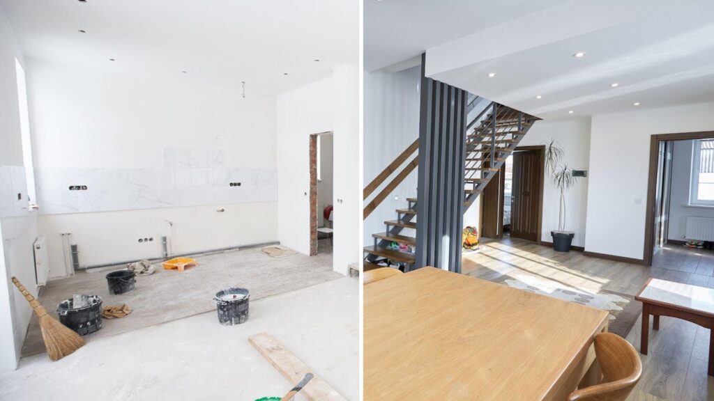 A compelling before-and-after comparison of a home renovation. The left side shows a kitchen mid-renovation with exposed plumbing and construction materials scattered around. The right side reveals a fully renovated space with modern furnishings, clean lines, and a stylish staircase leading to an upper level. 