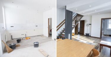 A compelling before-and-after comparison of a home renovation. The left side shows a kitchen mid-renovation with exposed plumbing and construction materials scattered around. The right side reveals a fully renovated space with modern furnishings, clean lines, and a stylish staircase leading to an upper level.