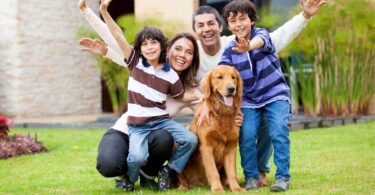 A happy family of four, including two children and their golden retriever, posing and smiling together on a grassy lawn, radiating joy and togetherness.