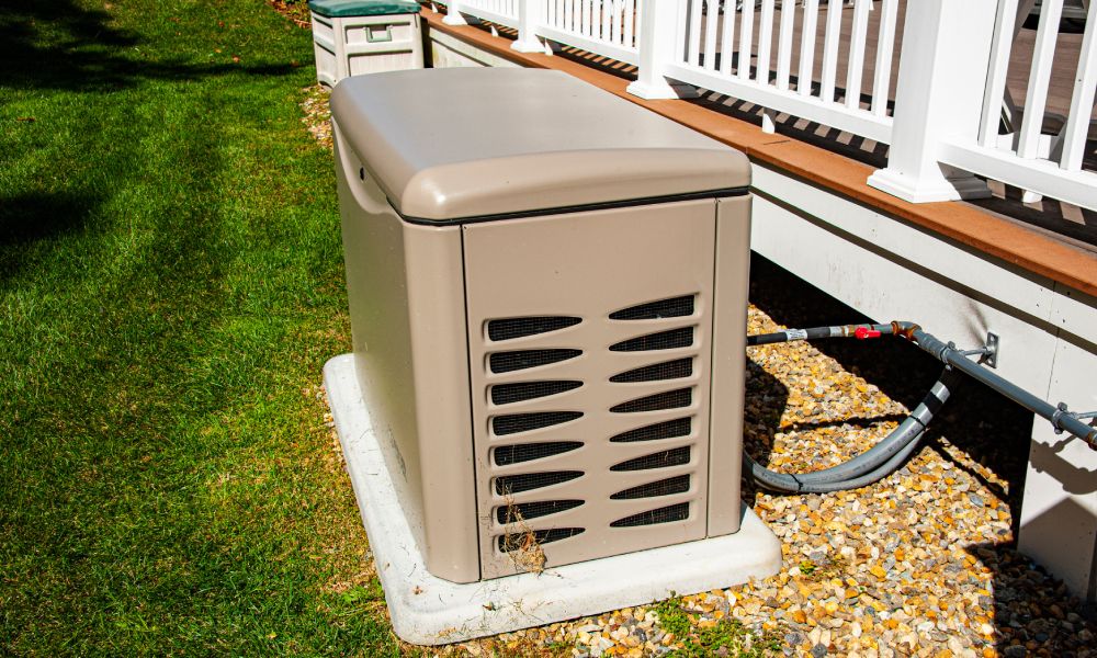 A tan, rectangular whole-home generator on a concrete pad next to a backyard deck connected to a fuel pipeline.