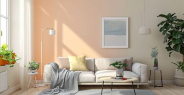 A beige couch and coffee table with a plant on it in a pink room with light streaming in from the window.