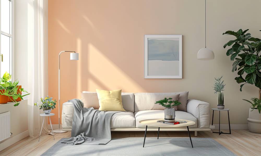 A beige couch and coffee table with a plant on it in a pink room with light streaming in from the window.