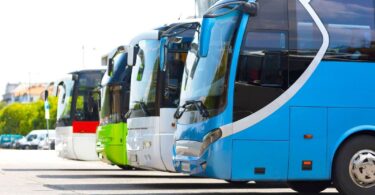 A lineup of modern coaches in various colours parked side by side, illustrating transportation options for sports teams, emphasising safety and style for team travel.