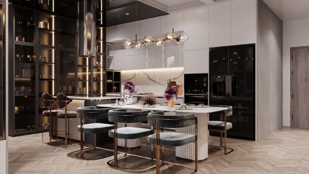 Elegant modern kitchen with a marble island, plush teal bar stools, and sleek gold accents on shelving and fixtures, illustrating upscale home renovations that enhance property value. 