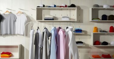 A display rack in a store featuring pastel-colored cotton sportswear, including white, gray, blue, and pink items.