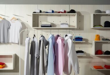 A display rack in a store featuring pastel-colored cotton sportswear, including white, gray, blue, and pink items.