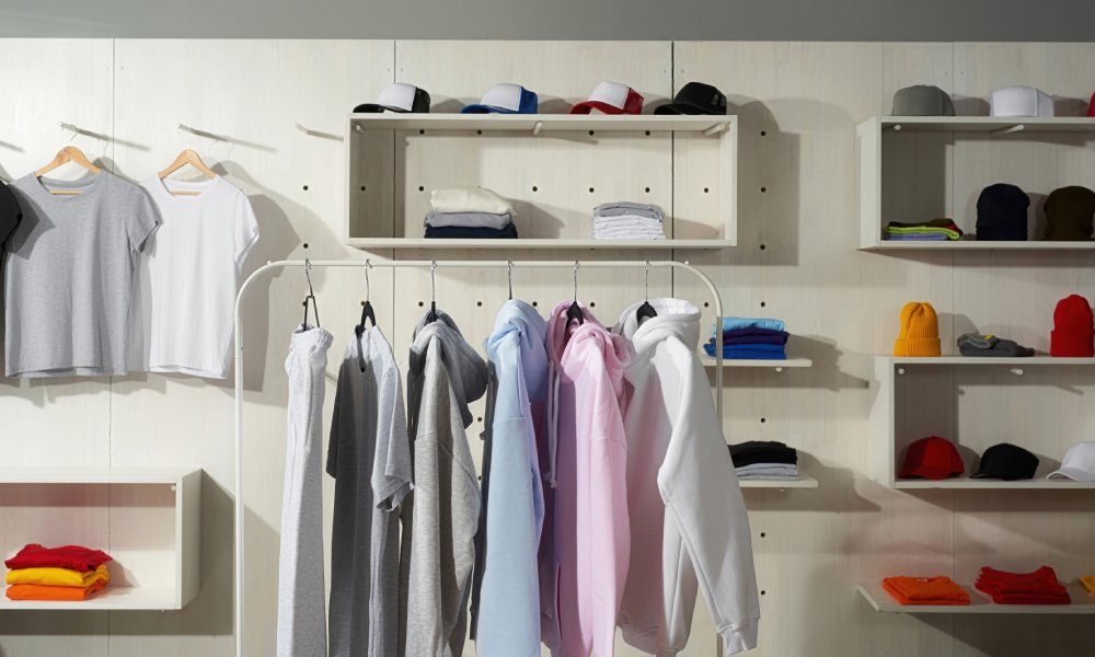 A display rack in a store featuring pastel-colored cotton sportswear, including white, gray, blue, and pink items.