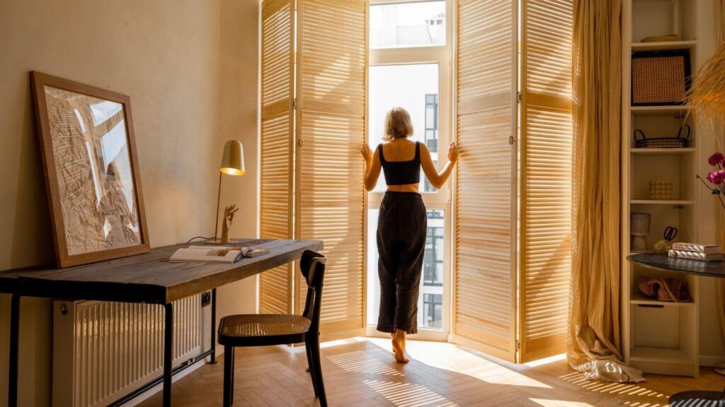 A woman opens wooden blinds in a sunlit room, set up as a cosy workspace. 