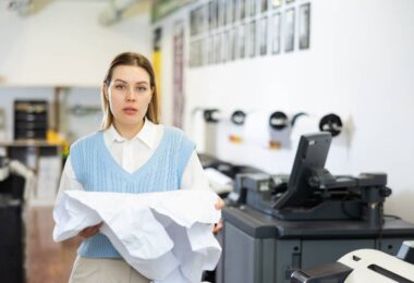 A woman in a print shop holds a crumpled and ripped piece of paper. She's looking toward the camera with a sad expression.