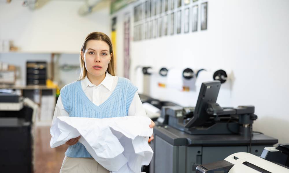 A woman in a print shop holds a crumpled and ripped piece of paper. She's looking toward the camera with a sad expression.