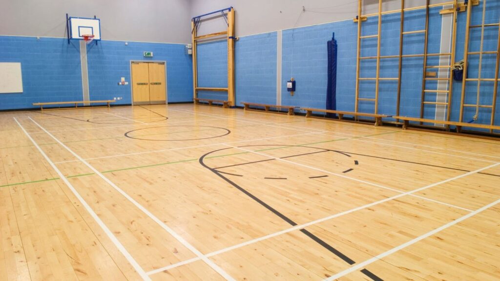 A spacious indoor gymnasium featuring a pristine wooden floor with basketball court markings, blue padded walls, and gym equipment. 