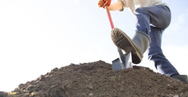 Person digging with a shovel in soil, emphasising safe digging practices for home gardeners.