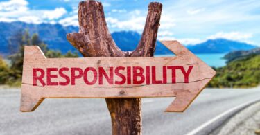 A dead wooden tree next to the road holds up a sign in the shape of an arrow that reads "RESPONSIBILITY" in red letters.