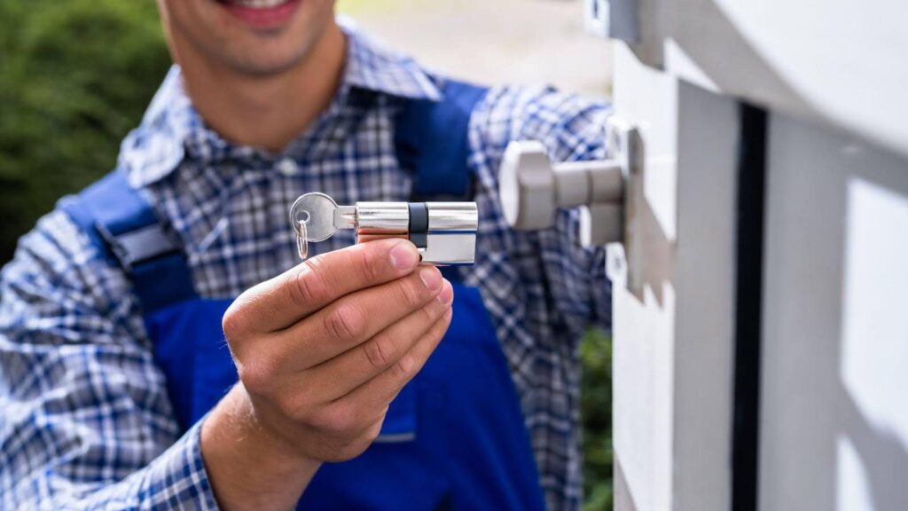 A locksmith in a blue and white plaid shirt holding a key and a cylinder lock outside a white door, exemplifying what to check before calling a 24/7 locksmith.